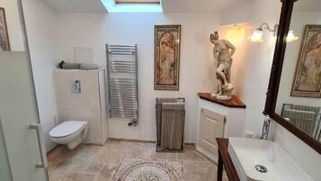 A bathroom with a toilet, a sink, a shower, and a radiator.