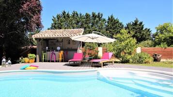 Een seizoensgebonden buitenzwembad en parasols bij het zwembad