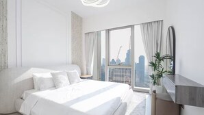 A modern bedroom with a large bed, a city view, and a minimalist decor.