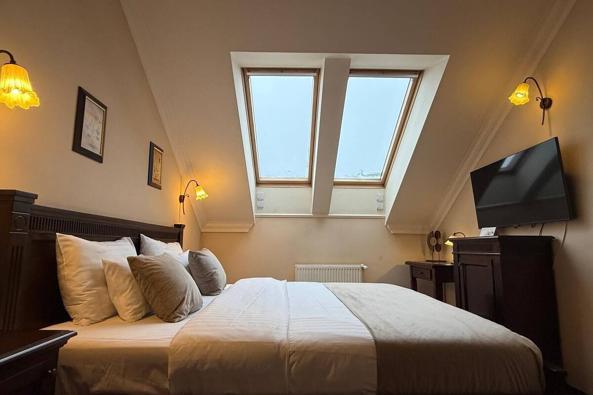 A bedroom with a large bed, two wall-mounted lamps, a television, and a skylight.