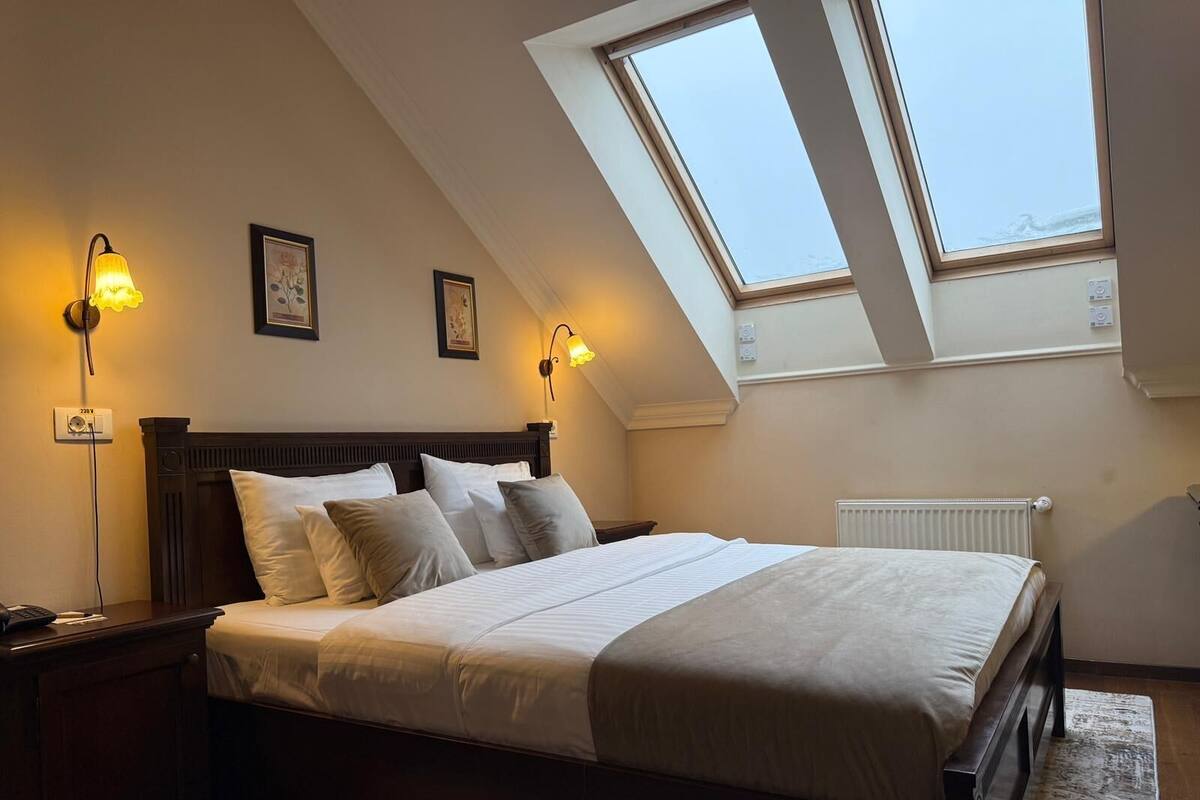 A bedroom with a large bed, two wall-mounted lamps, a skylight, and a radiator.