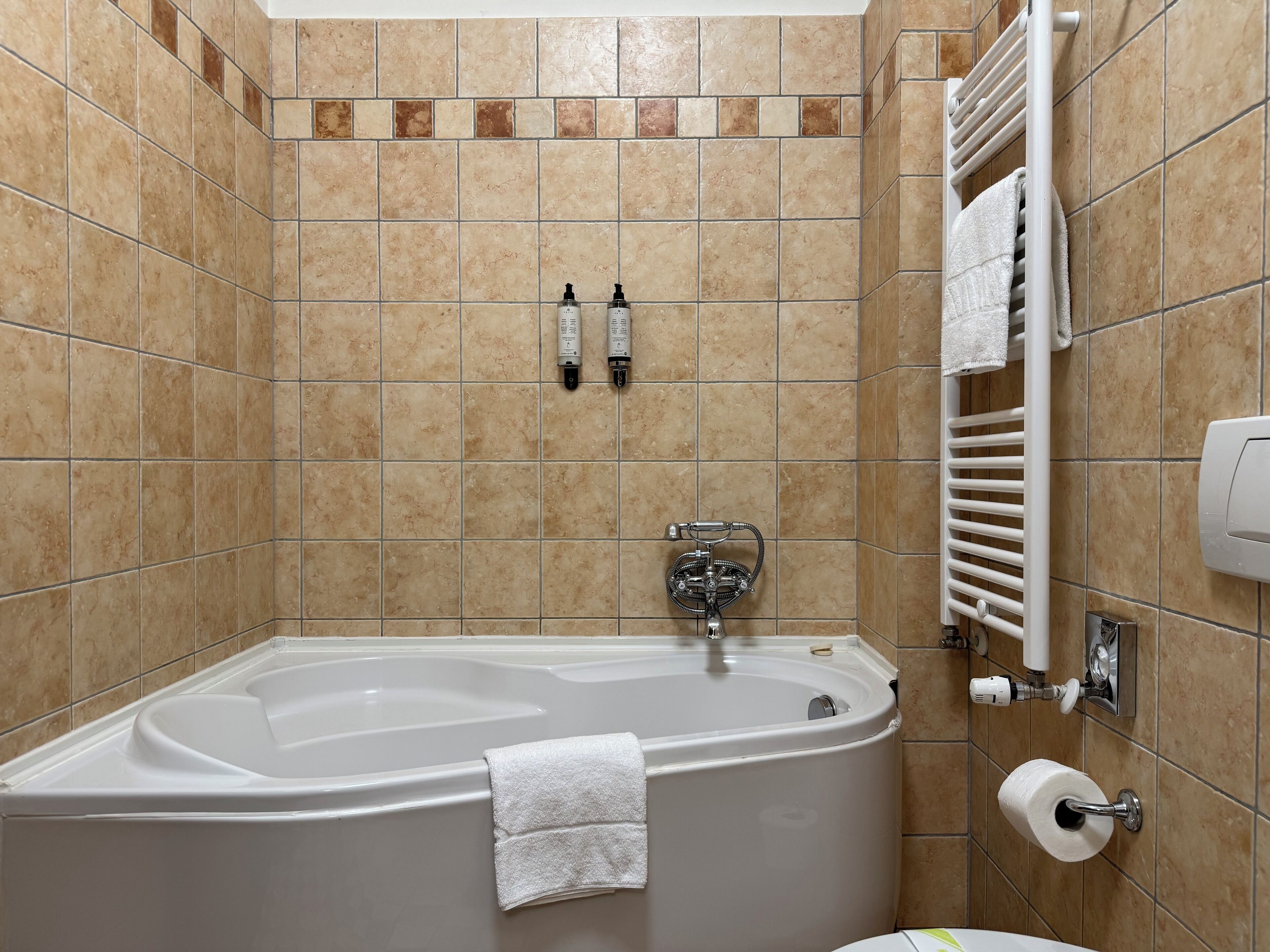 Un baño con una bañera, dos botellas de champú, un perchero para toallas y un dispensador de papel higiénico.