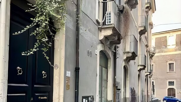 Eine Straße mit einer Reihe von Gebäuden, die dunkle Türen und Metallschutzkolonnen aufweisen.