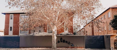 A tree-lined street with a building featuring a brick facade and a flat roof.