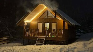 A wooden cabin with a sloped roof, a front porch, and a staircase leading to the entrance.