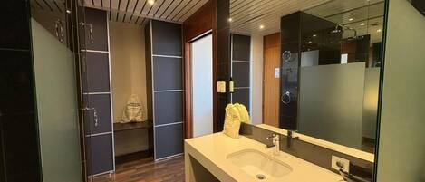 Un baño moderno con un espejo grande, un lavabo y una zona de ducha.