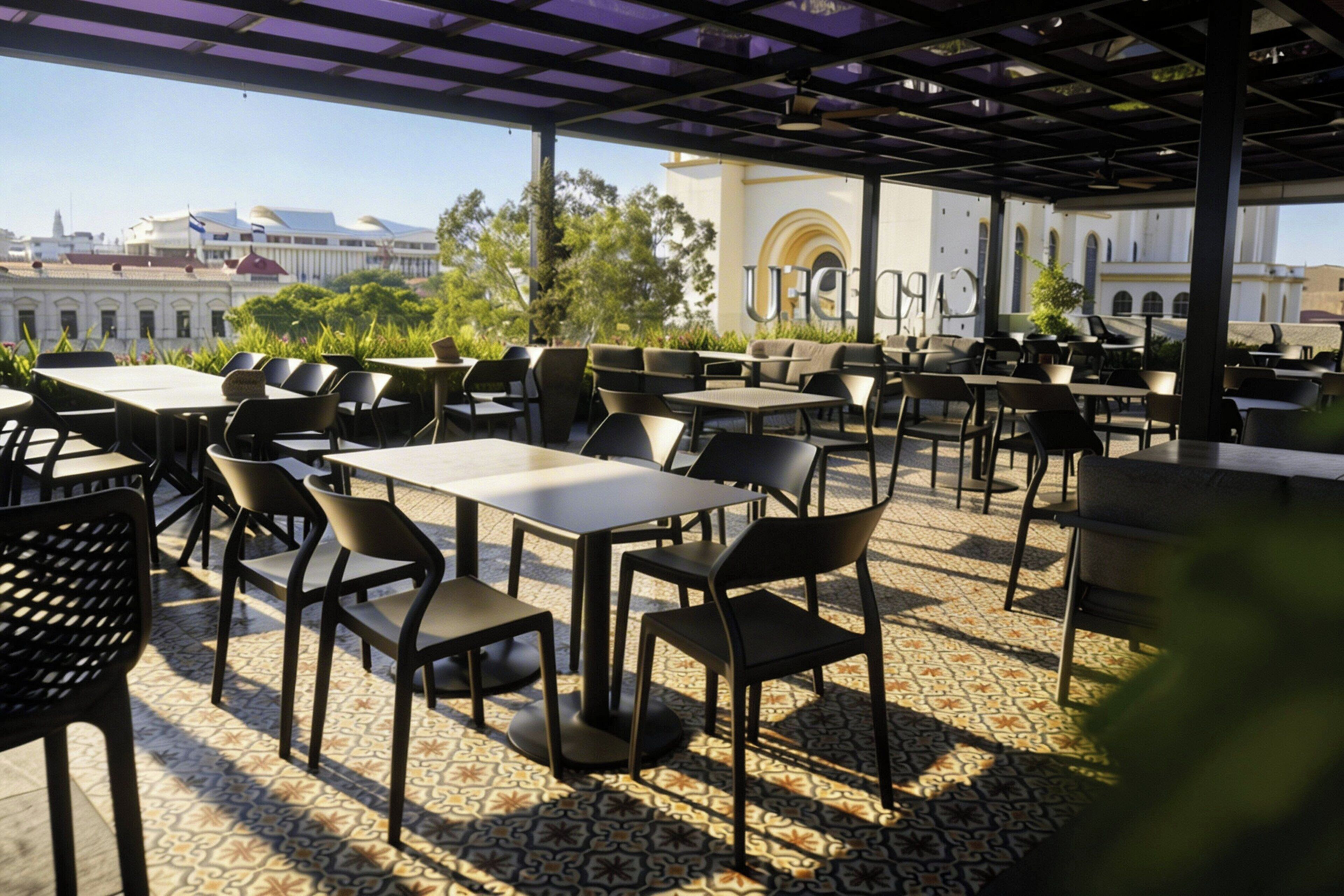 An outdoor cafe with tables and chairs, a tiled floor, and a building with arches in the background.