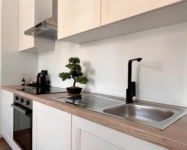 A modern kitchen with white cabinets, a stainless steel sink, a black faucet, a black electric kettle, and a small potted bonsai tree. - Luxury apartments White house (Sinj)