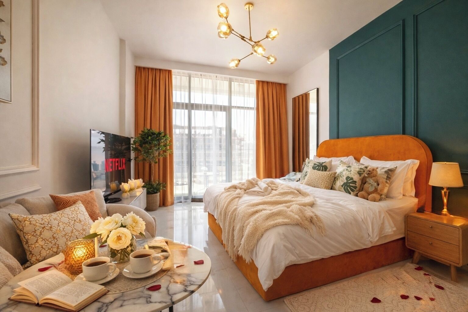 Et moderne hotelværelse med en stor seng, et fjernsyn, et sofabord med en bog og en kop, samt udsigt over byen fra vinduet.