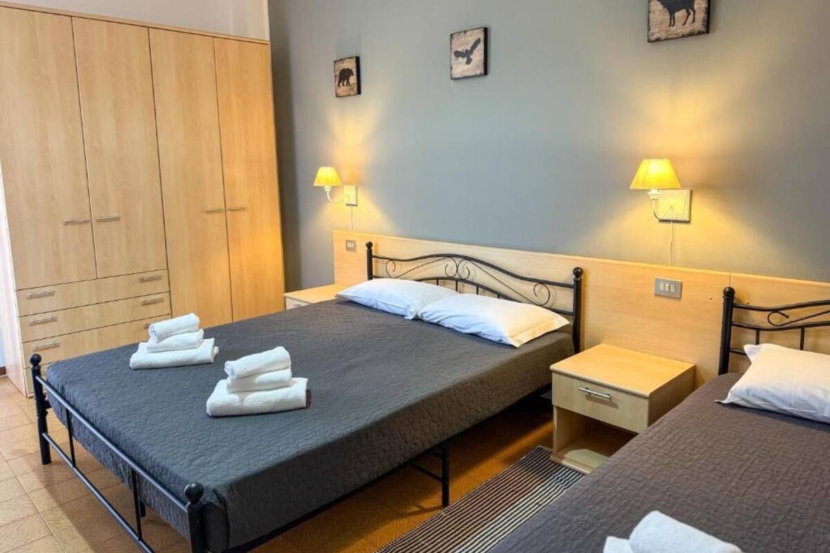 Een tweepersoonsbed met een grijze plaid, twee nachtkastjes met lampen, een kledingkast en wanddecoratie.