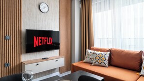 Ein modernes Hotelzimmer mit Flachbildfernseher, auf dem das Netflix-Logo zu sehen ist, einer Wandpaneele aus Holz, einem braunen Sofa mit Zierkissen und einem großen Fenster mit Vorhängen.