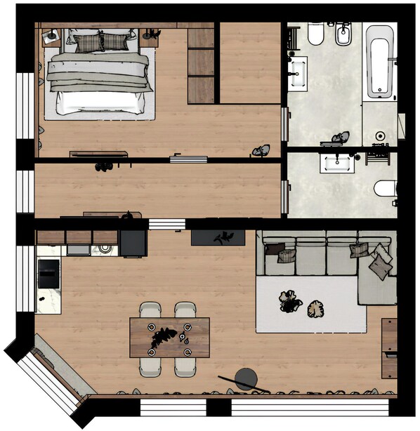 A floor plan of a hotel room with a bed, a small kitchenette, a bathroom, and a living area with a sofa and a dining table. - 121A - Dosplain Panoramic Apartments | Sass Rigais (Santa Cristina Valgardena)