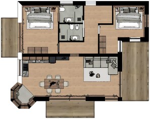A floor plan of a hotel room with two bedrooms, a bathroom, a kitchen, and a dining area. - 121B - Dosplain Panoramic Apartments | Piz Miara (Santa Cristina Valgardena)
