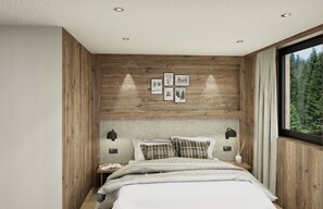 A bedroom with a wooden headboard, a bed with patterned pillows, a nightstand with a lamp, and a window with a view of trees. - 121B - Dosplain Panoramic Apartments | Piz Miara (Santa Cristina Valgardena)