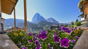 Blick auf einen Berg mit einer Holzhütte im Vordergrund.