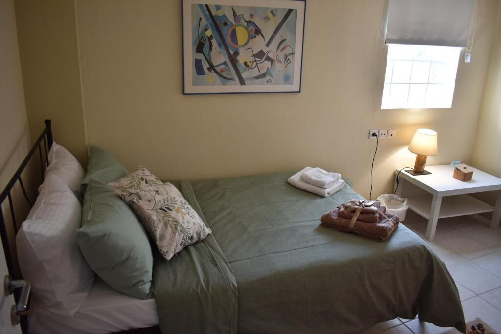 A bedroom with a bed, pillows, a bedside table with a lamp, a window, and a painting on the wall.