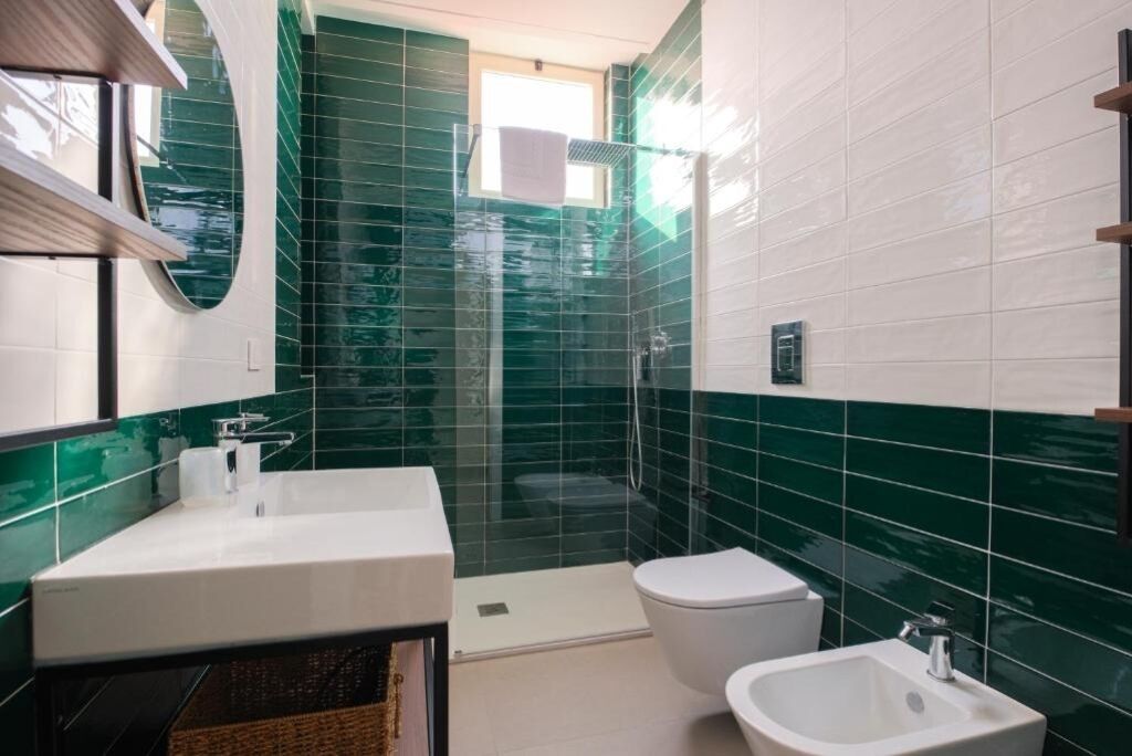 Shower, hair dryer, bidet, towels