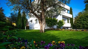 Um edifício moderno e branco com uma grande árvore no jardim da frente.