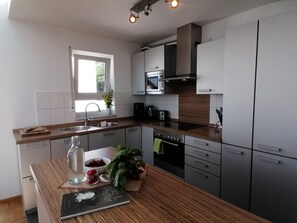 Fridge, microwave, oven, stovetop - SeeLounge-Apartment.com: Oasis of Well-being with Stunning Lake View (Bodman-Ludwigshafen)