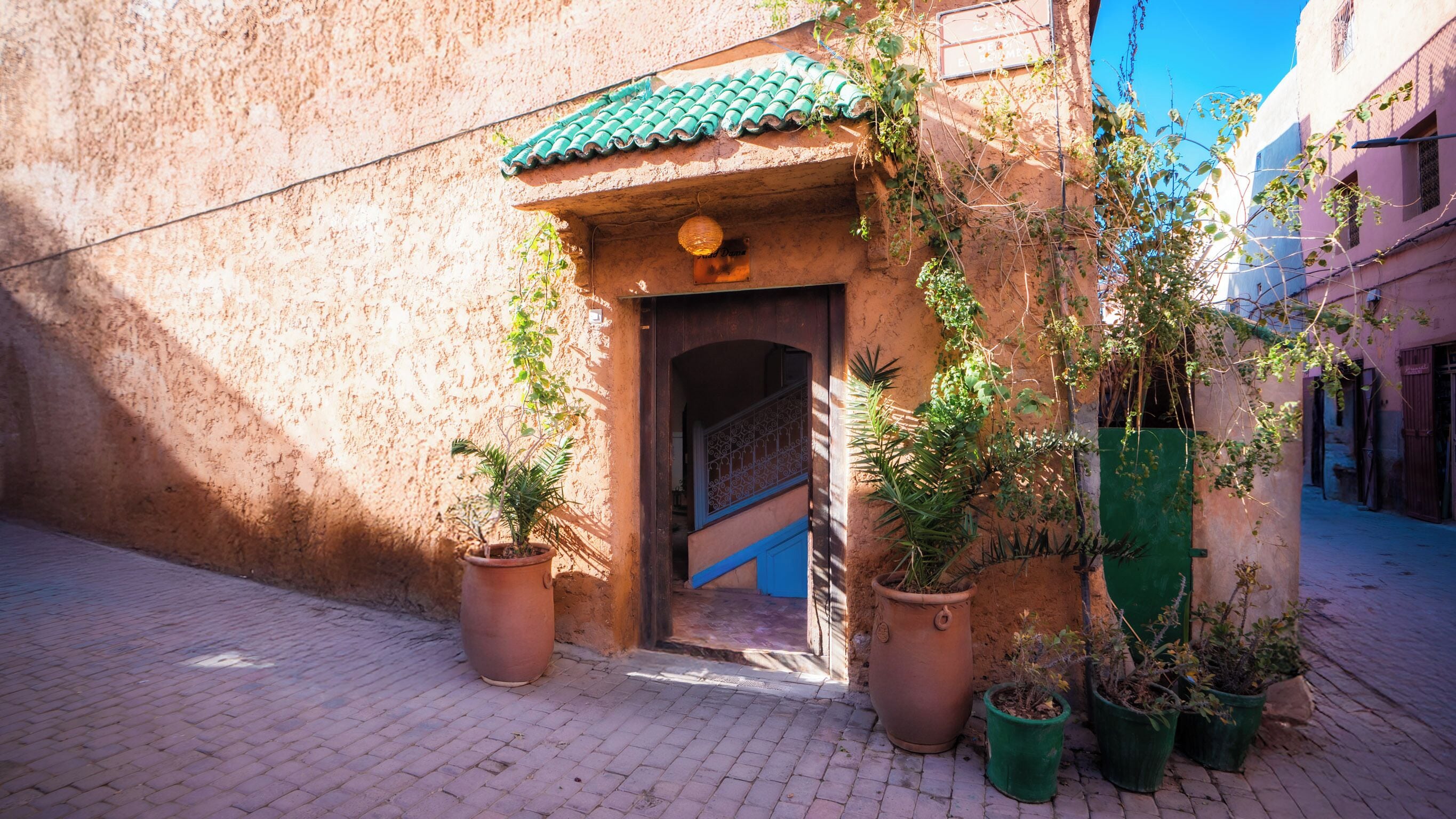 An entrance with a tiled roof, a wooden door, and potted plants.