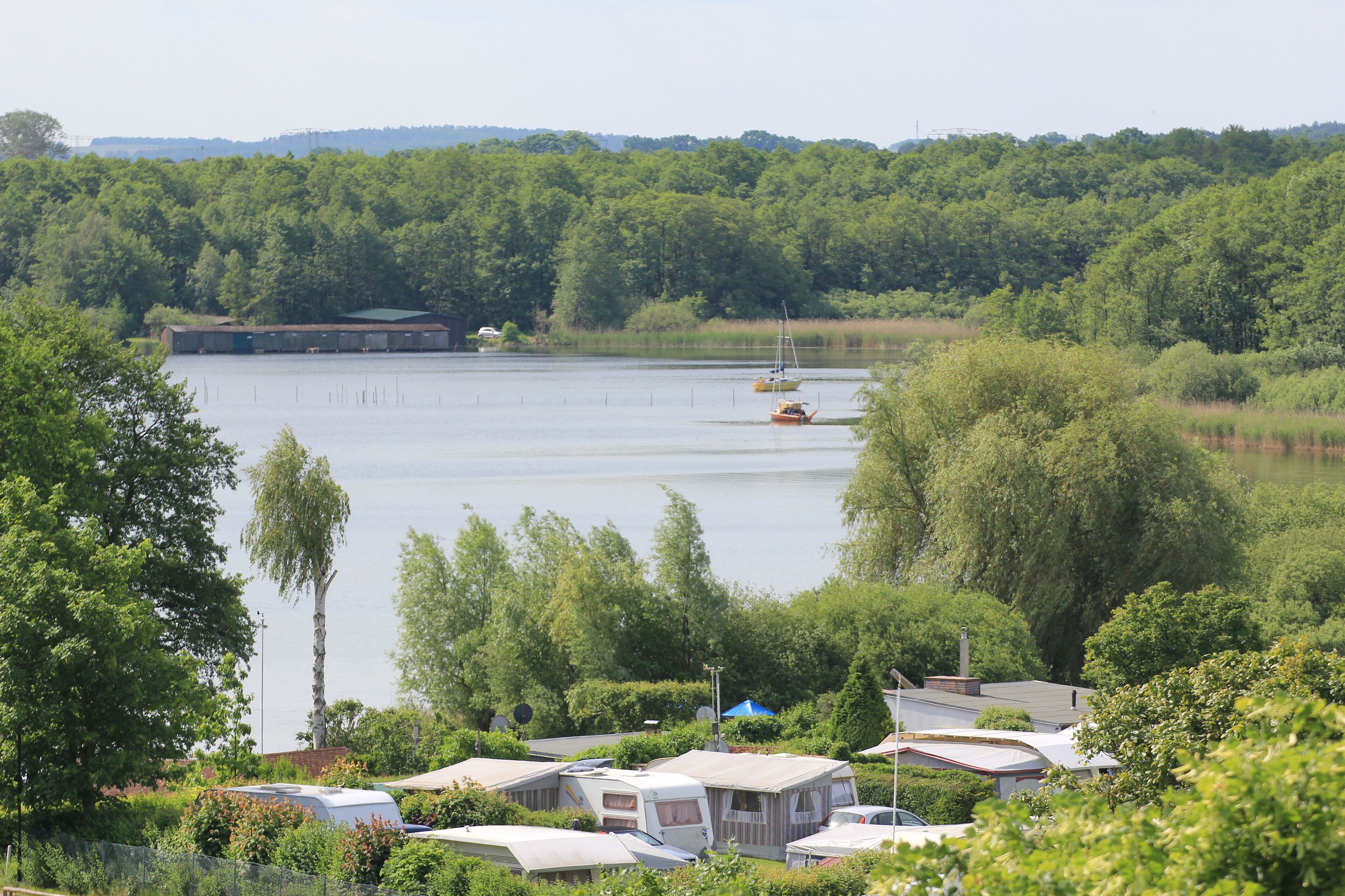A lakeside campsite with RVs and boats, surrounded by dense trees.