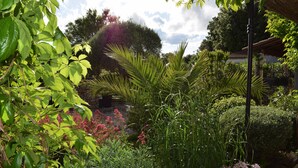 A garden with various plants and a thatched roof structure.