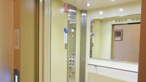 An elevator interior with a pink carpet, a mirror, and a control panel. - LC Hotel Ostrava (Ostrava)
