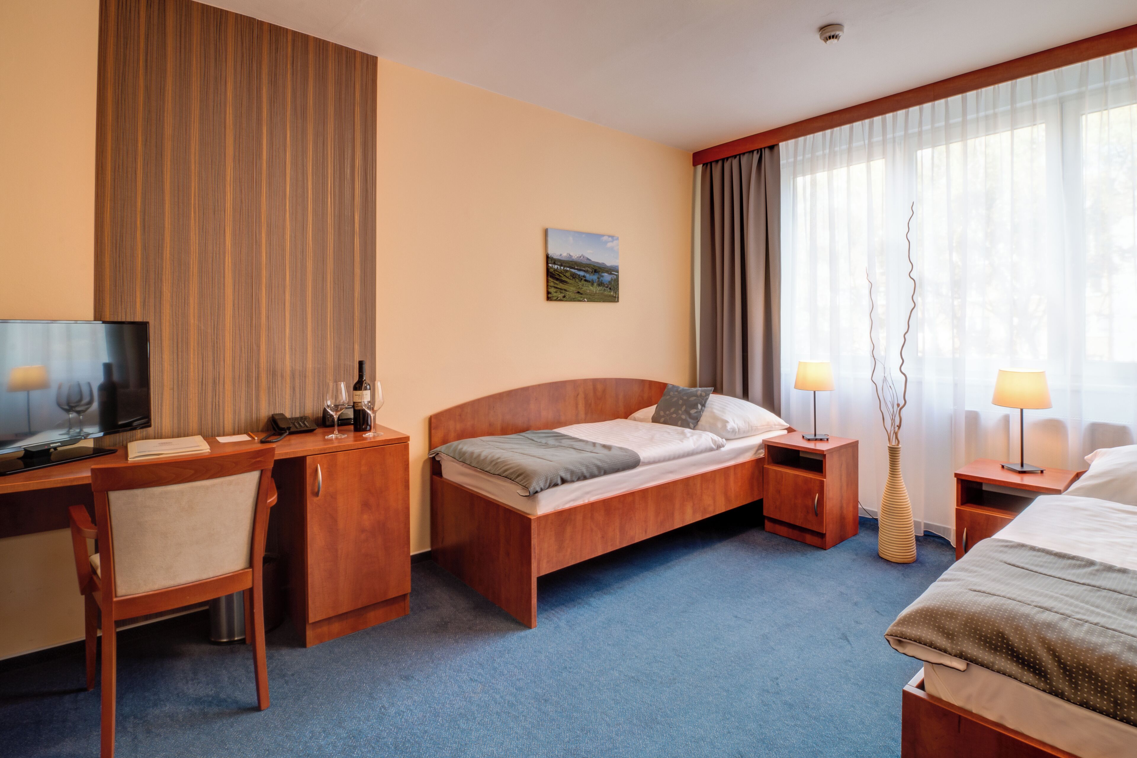 A hotel room with a wooden bed, a desk with a chair, a television, and a window with curtains.