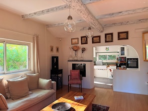 Ein Wohnzimmer mit einer Couch, einem Couchtisch, einem Kamin und einer Küchenzeile inklusive Kühlschrank, Ofen und Mikrowelle.