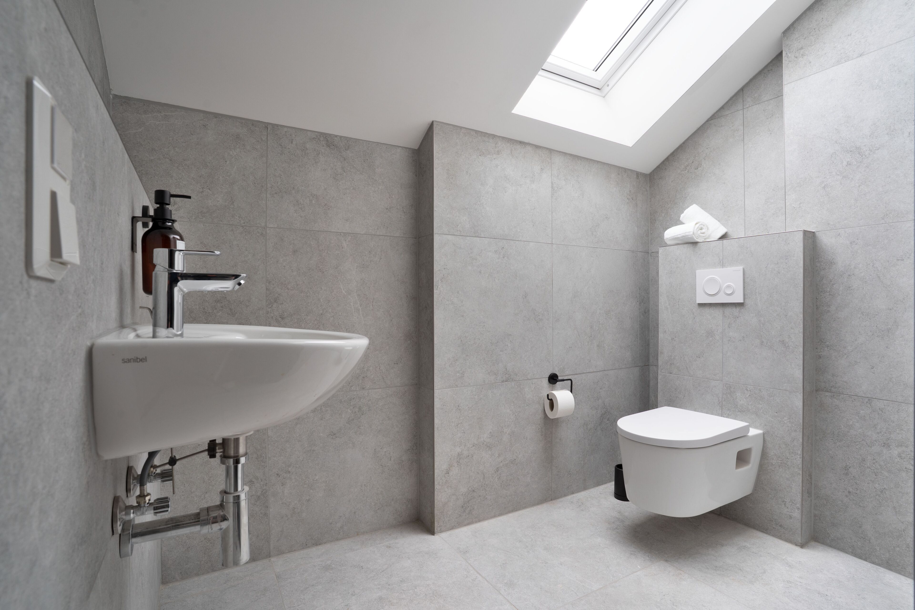 A modern bathroom with a skylight, a wall-mounted toilet, and a sink with a soap dispenser.