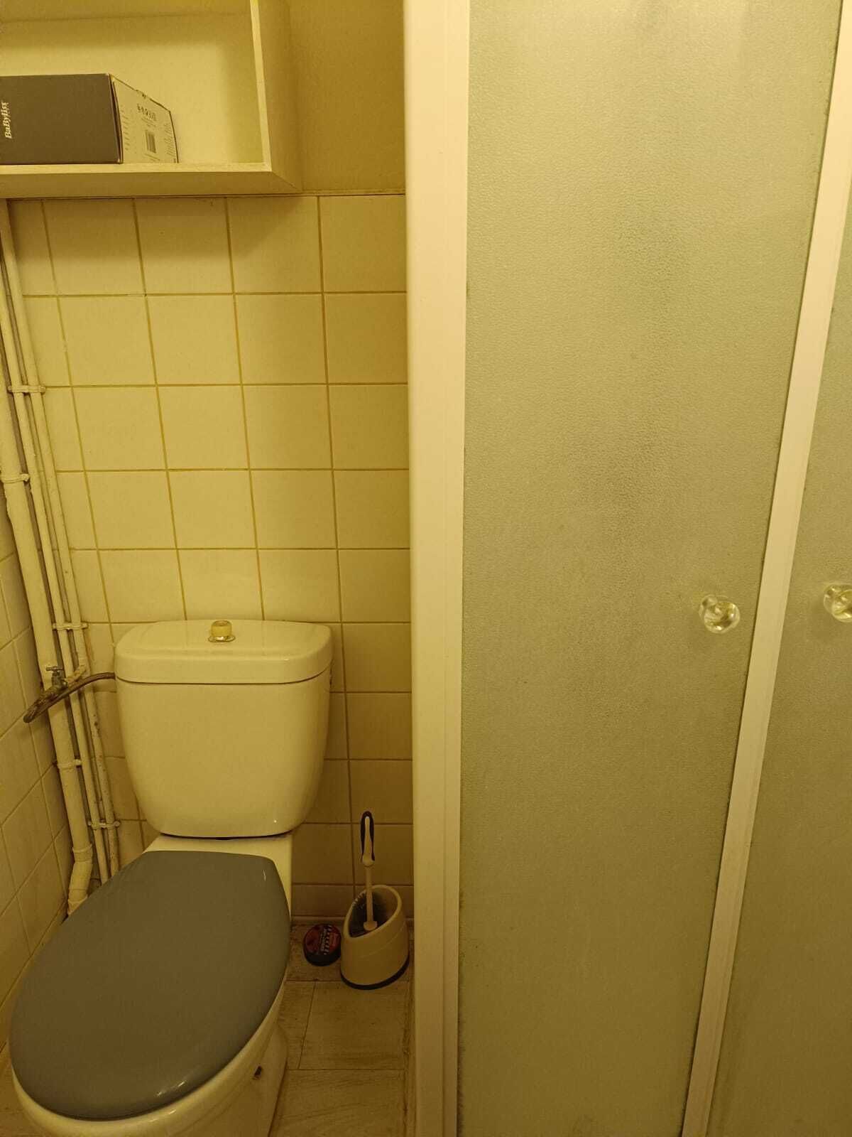 A small bathroom with a toilet, a bidet, and a toilet brush.