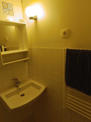 A bathroom with a sink, mirror, and towel rack. - Studio historic center Périgueux (Périgueux)