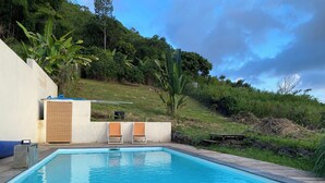 A rectangular swimming pool with a stone deck edge, two lounge chairs, and a small covered area with a hose. - The plaid zebra (Entre-Deux)