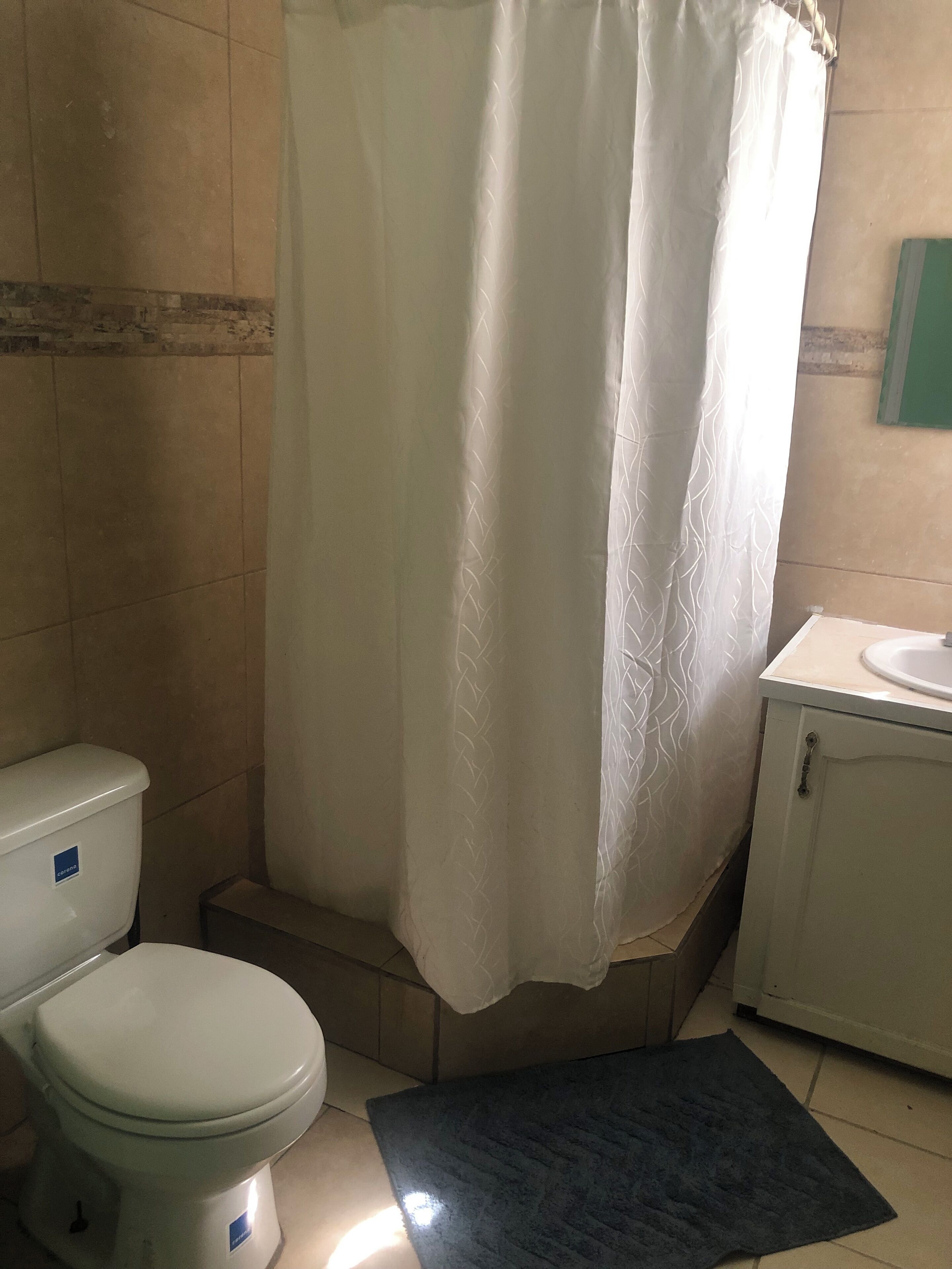 Hair dryer, towels, soap, toilet paper