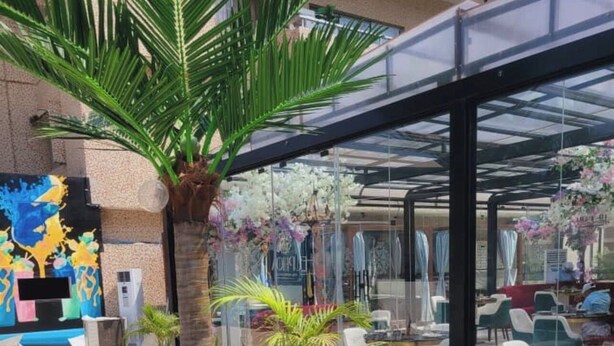 Un área de estar al aire libre con palmeras, jardineras y una sección con paredes de vidrio que tiene sillas y mesas.
