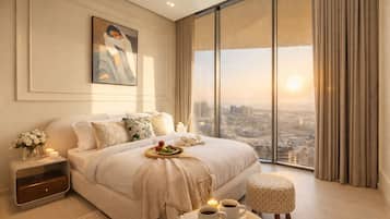 Apartamento luxo, sacada, vista para a cidade | Cofres nos quartos, cortinas blackout, ferros/tábuas de passar roupa