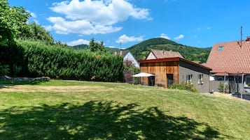 Un quartiere residenziale con un prato verde, una casa in legno e una montagna sullo sfondo.