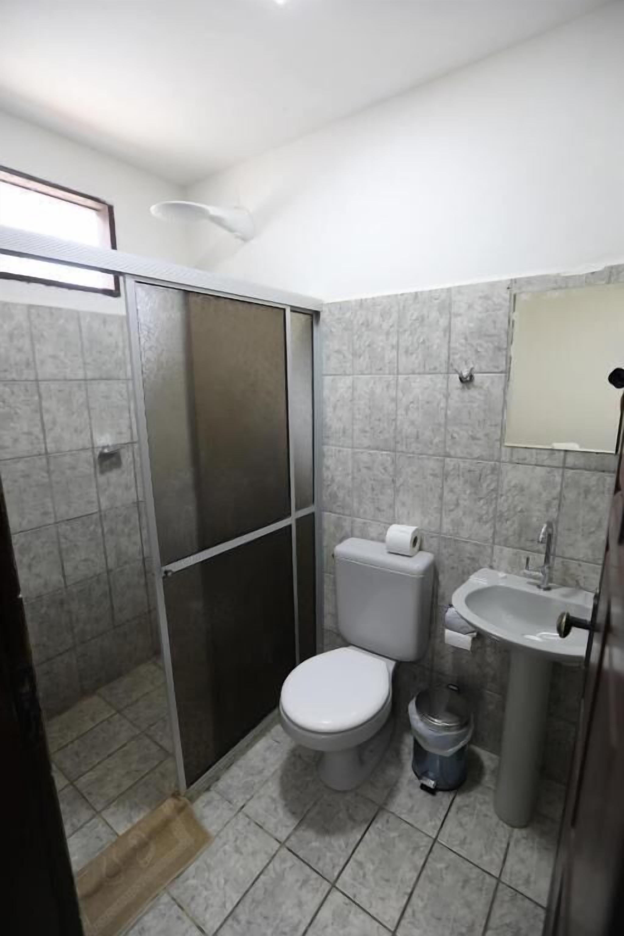 A small bathroom with a toilet, sink, and shower.