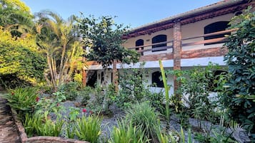 A building with a brick facade, multiple windows, and a garden with various plants and a stone pathway.