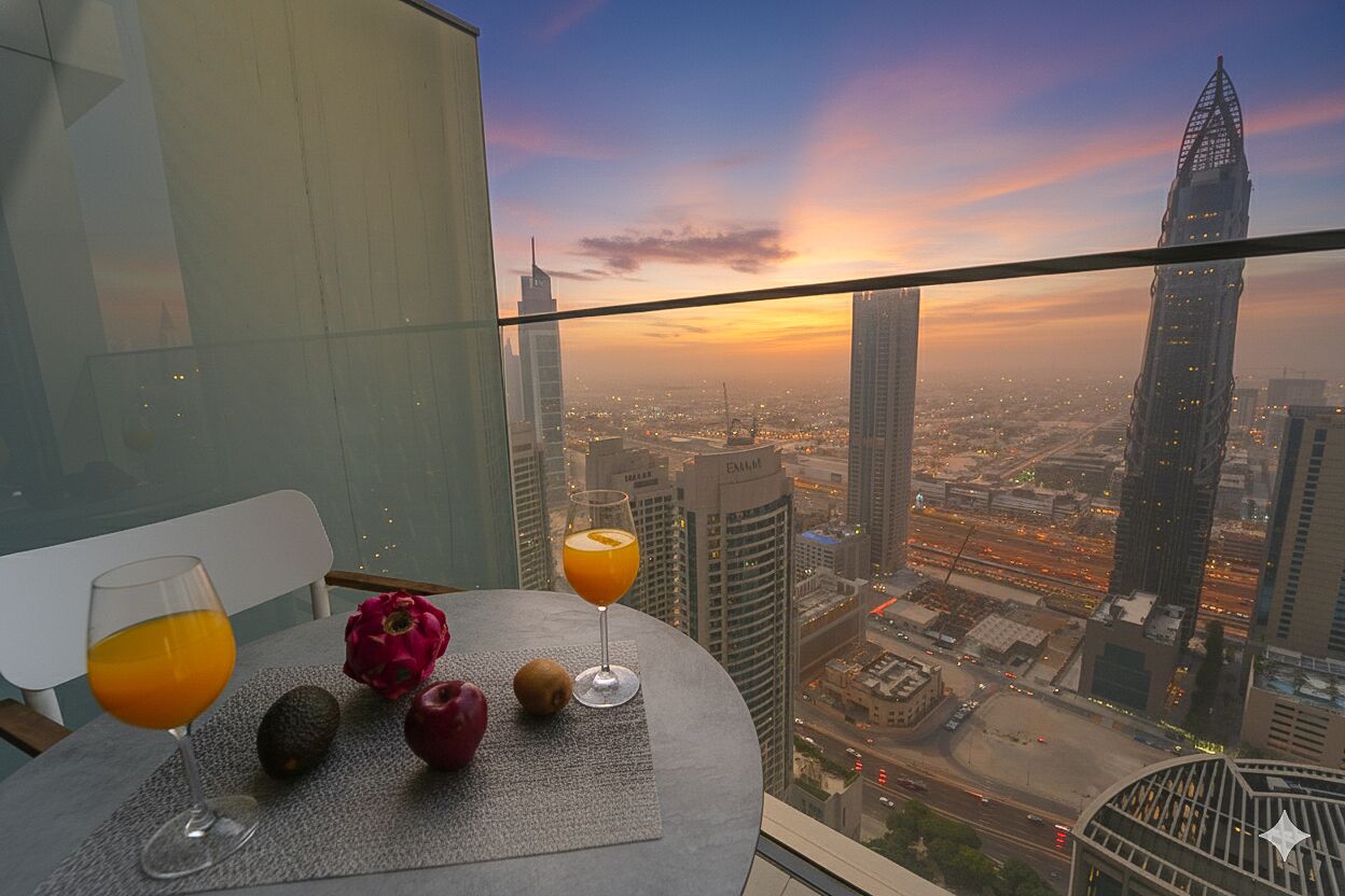 A table with a glass of orange juice, a glass of orange juice, a dragon fruit, and an apple on a balcony with a city view at sunset.