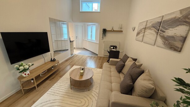 A modern living room with a large flat-screen TV, a beige sofa, a coffee table, and a patterned rug. - Ground Serenity (Saint-Gilles)