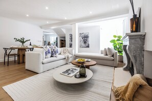 Smart TV, fireplace, books