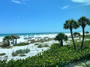 Ein Strand mit Strohdächern, Palmen und Liegestühlen.