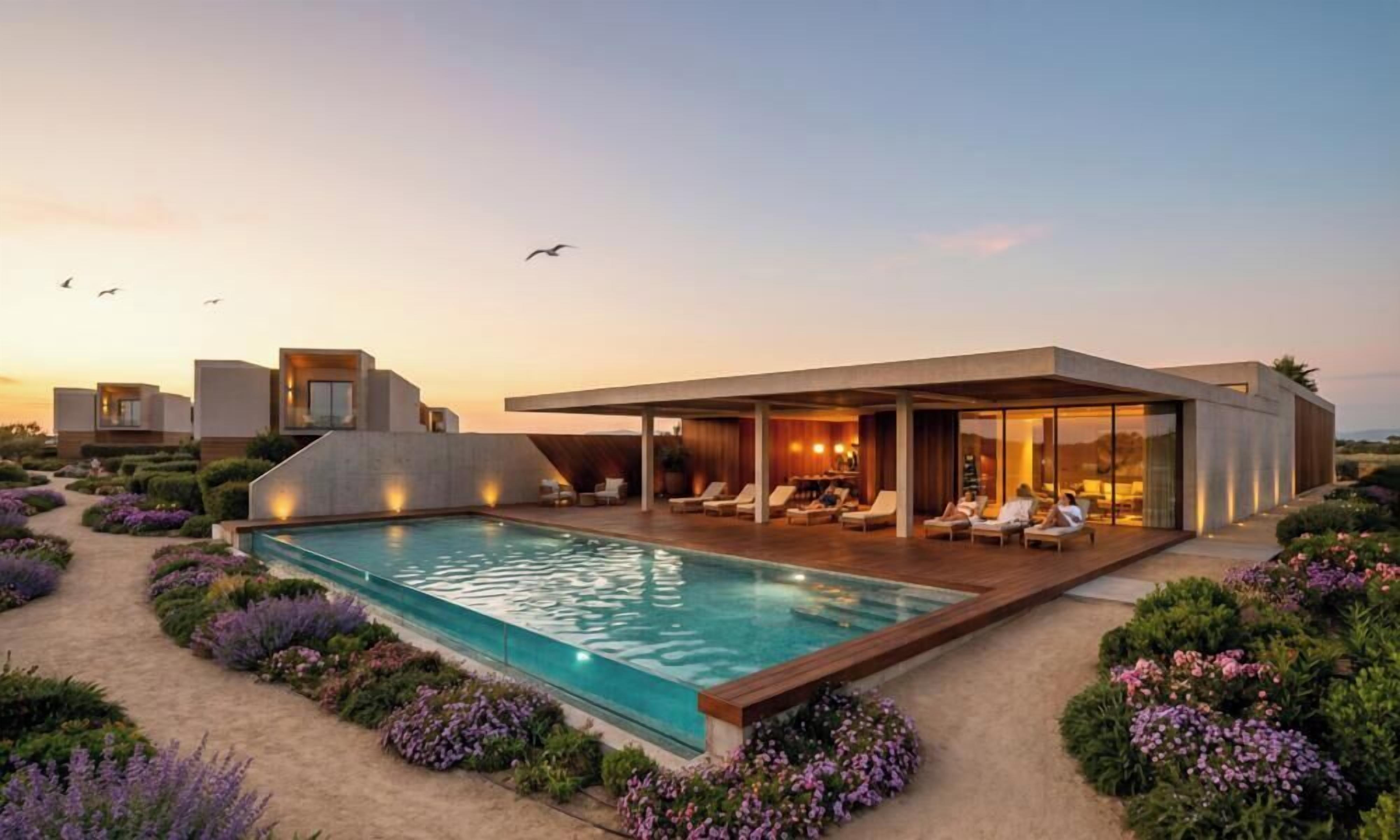 Een modern huis met een zwembad, terras en een aangelegde tuin.