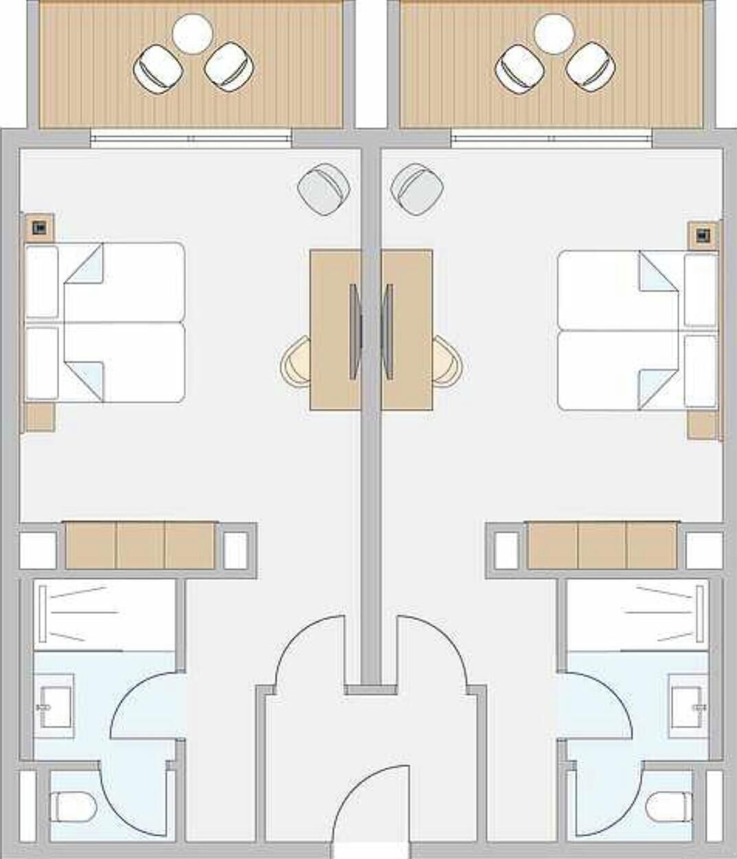 A floor plan of a hotel with four bedrooms, two bathrooms, a dining area, and a central hallway.