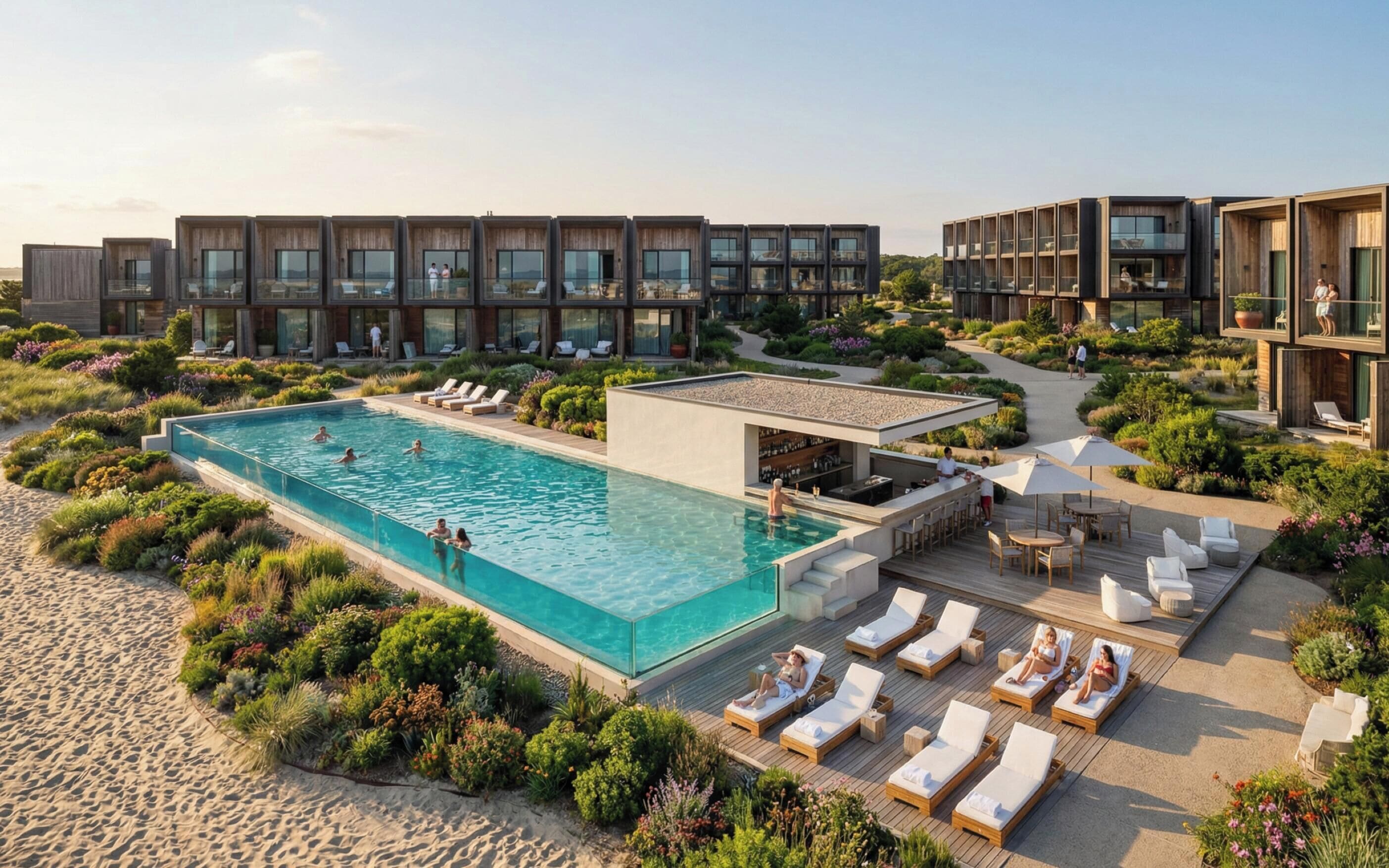 A modern resort with a central pool, lounge areas, and multiple guest buildings.