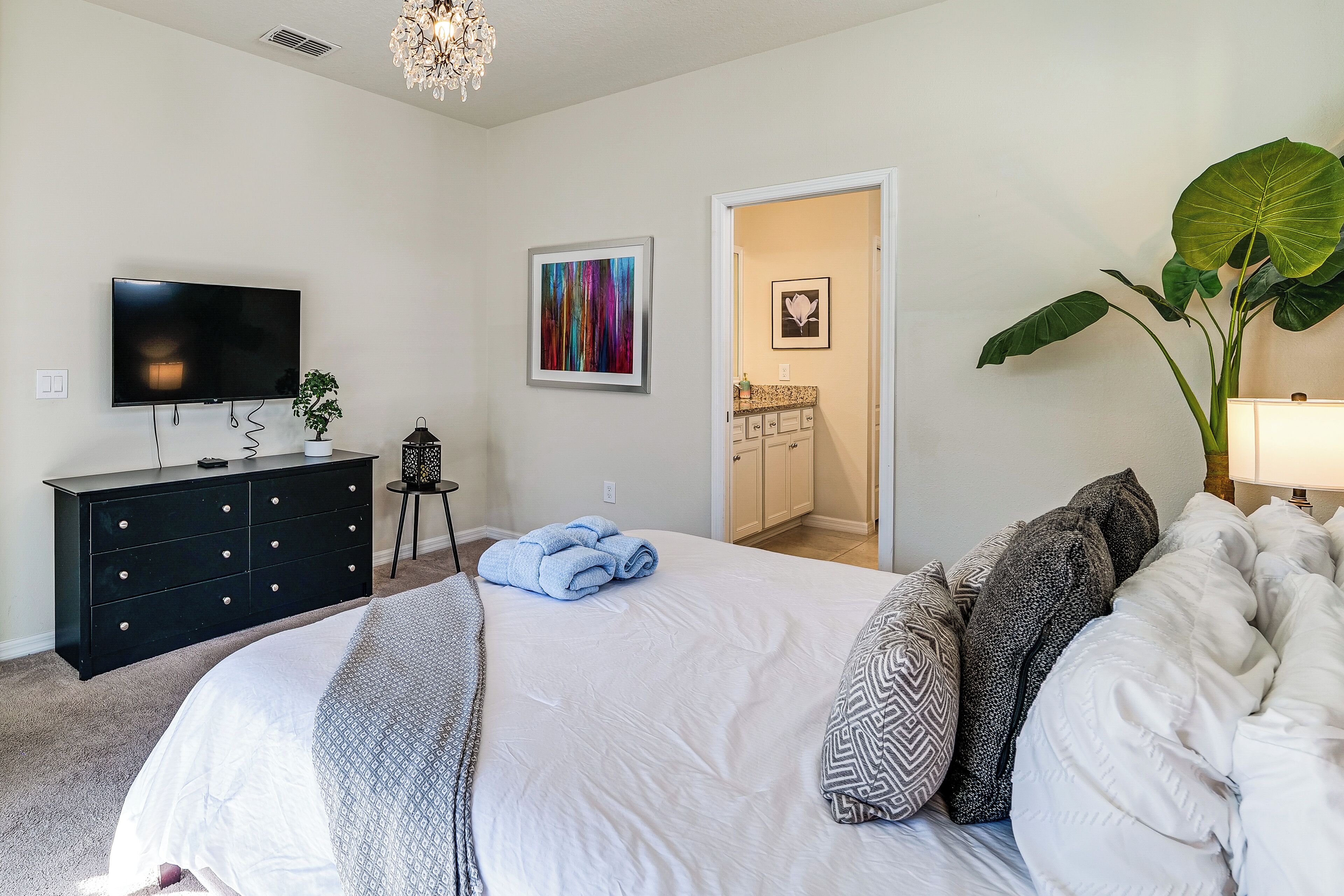 Un dormitorio con una cama grande, televisión, cómoda y una planta.