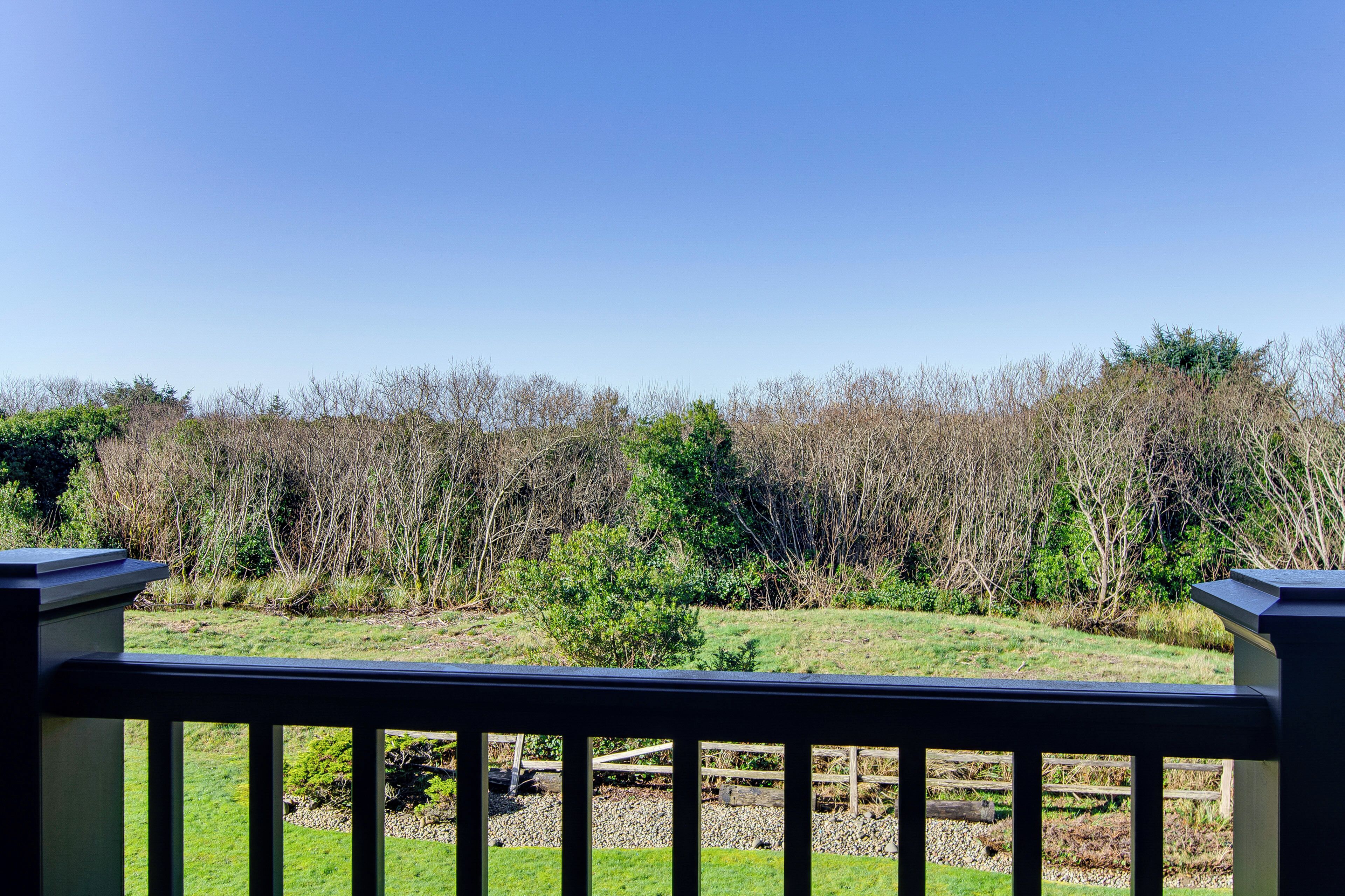 A view from a balcony with a railing, overlooking a grassy area with trees and shrubs.