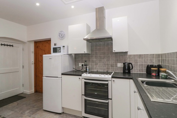 Fridge, microwave, toaster, cookware/dishes/utensils