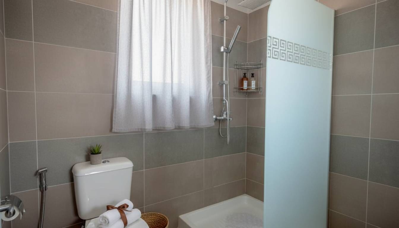 Shower, hair dryer, towels, shampoo